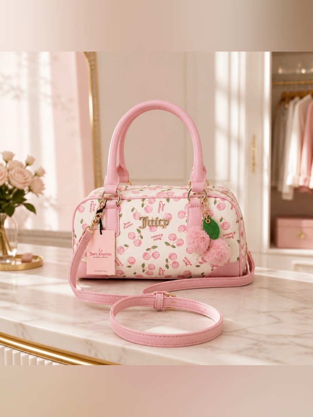 Juicy Couture Pink Cherry Print Dome Satchel Bag